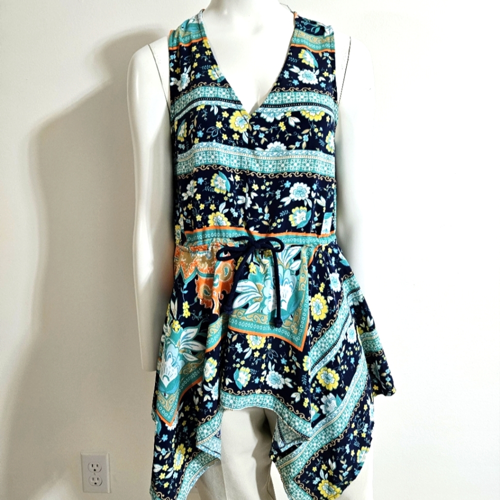 Hayden L.A. Womens‎ Floral Boho Blouse Cinch Waist Irregular Hem V Neck Blue S